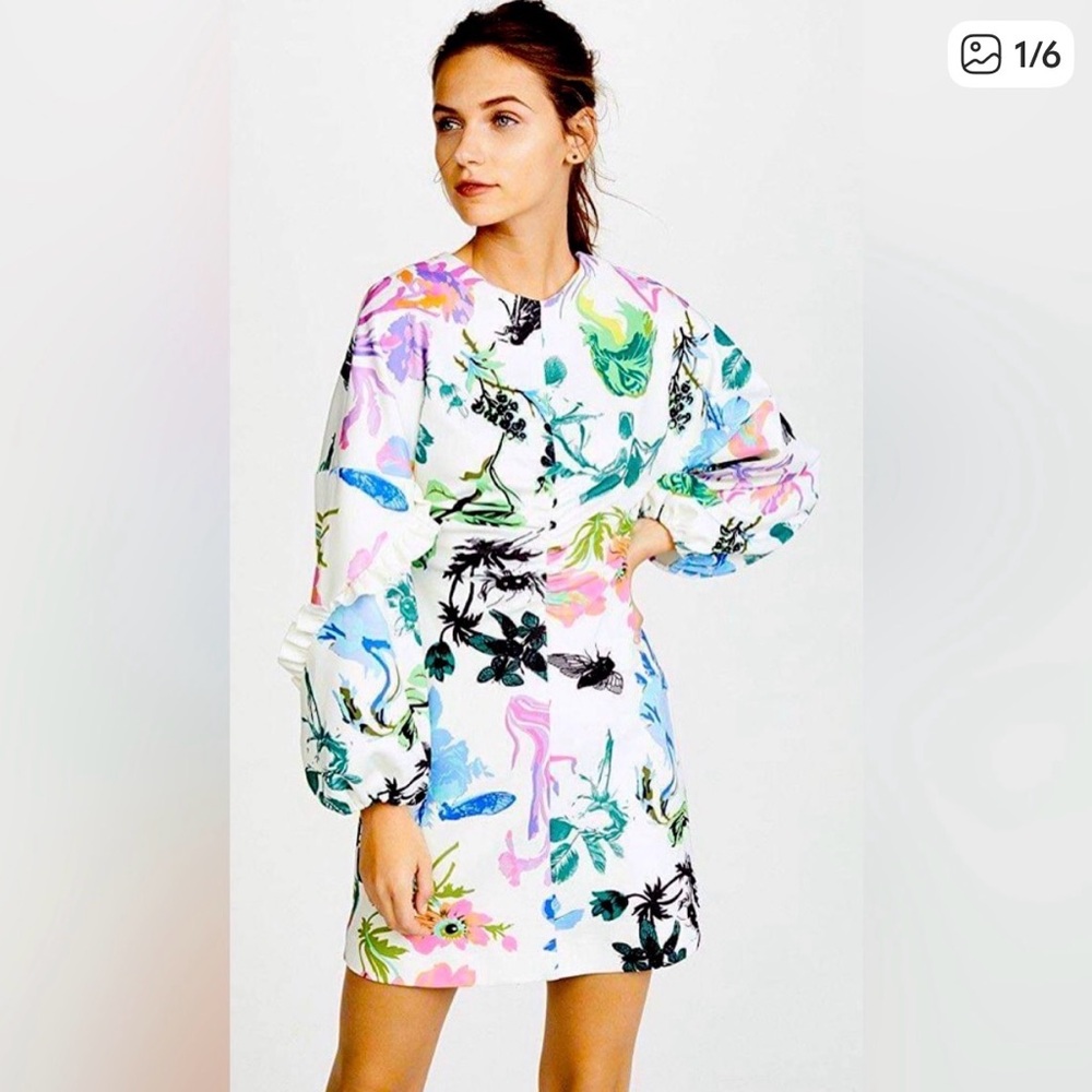 Tibi White Floral Multi-Color Puff Sleeve Mini Dress